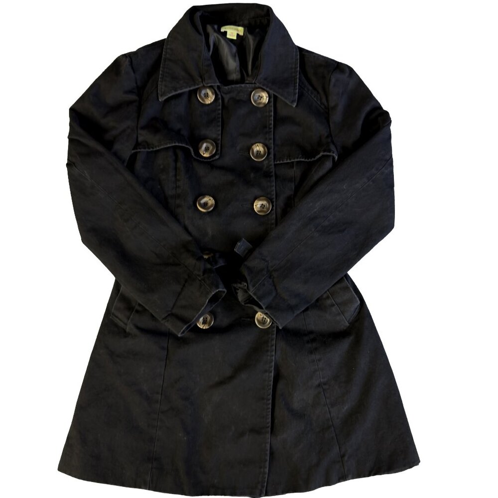 VTG AVOCADO Double‑Breasted Black Trench Coat 10 Belted Cotton Tie‑Waist Jacket